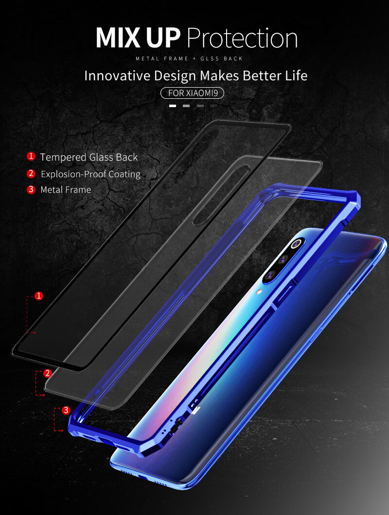 Kryt s kovovým rámečkem a tvrzeným sklem pro Xiaomi Mi 9 - modrý