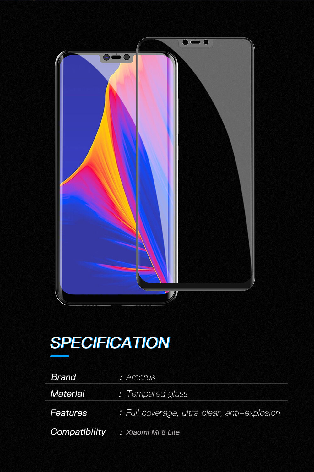 Amorus Tvrzené sklo 3D pro Xiaomi Mi 8 Lite - černé
