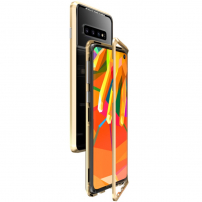 Luphie zadní kryt s magnetickým rámečkem a tvrzeným sklem pro Samsung Galaxy S10 - zlatý